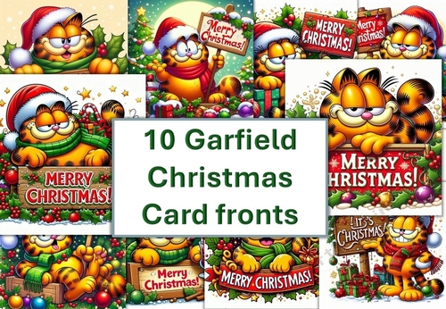 10 Christmas Garfield Card fronts with Christmas sentiments. 8x8 inches. JPEG
