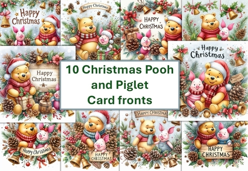 10 Pooh Bear and Piglet Happy Christmas Card Fronts 8x8 JPEGS