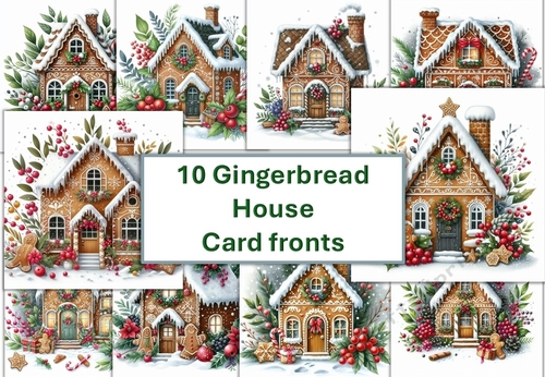 10 Christmas Gingerbread House Card Fronts 8x8 inches JPEGs