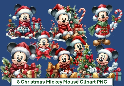 8 Christmas Mickey Mouse Clipart on Transparent backgrounds PNG