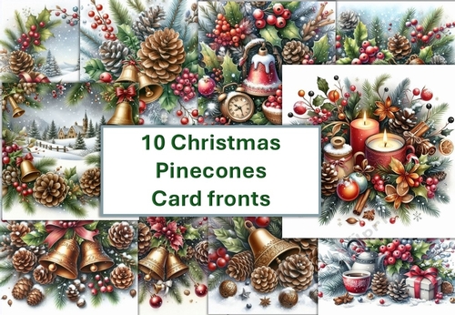 10 Christmas Pine Cone Decorations Card Fronts 8x8 inches JPEG