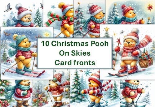 10 Christmas Pooh Bear on Ski Card Fronts 8x8 inches JPEG PK2