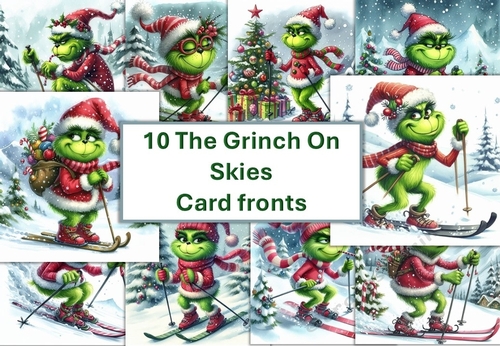 10 Christmas Skiing Grinch Card Fronts 8x8 inches JPEG PK2