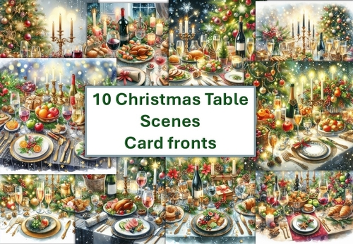 10 Sparkling Christmas Table Scenes Card Fronts 8x8 inches JPEG