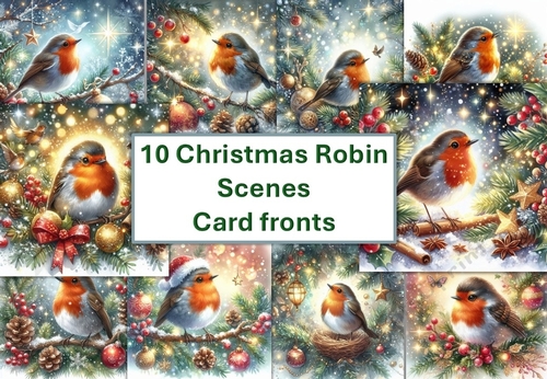 10 Sparkling Christmas Robin Scenes Card Fronts 8x8 inches JPEG