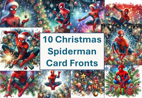 10 Christmas Spiderman Card Fronts 8x8 inches JPEGS