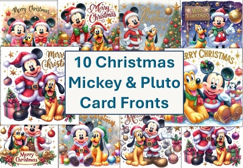 10 Christmas Mickey Mouse and Pluto Card Fronts 8x8 inches JPEGS