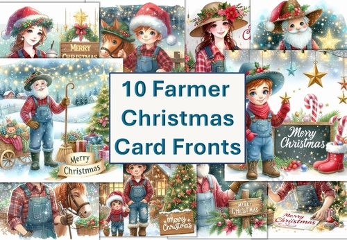 10 Christmas Farmer Christmas Card Fronts 8x8 inches JPEGS