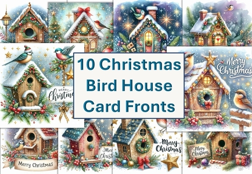 10 Christmas Birdhouse Card Fronts 8x8 inches JPEGS