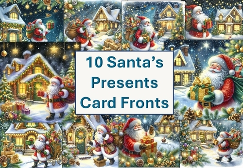 10 Christmas Santas Presents Card Fronts 8x8 inches JPEGS