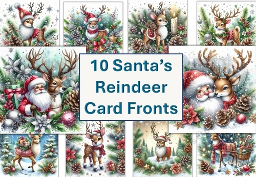 10 Christmas Santas Reindeer Card Fronts 8x8 inches JPEGS