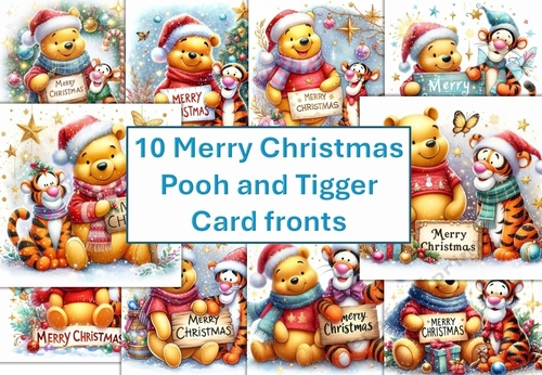 10 Christmas Pooh Bear and Tigger Merry Christmas Card Fronts 8x8inches JPEG