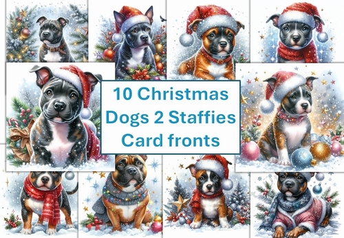 10 Christmas dogs Staffie, Staffordshire Bull Terrier, cute dog, card fronts 8x8inches JPEGS