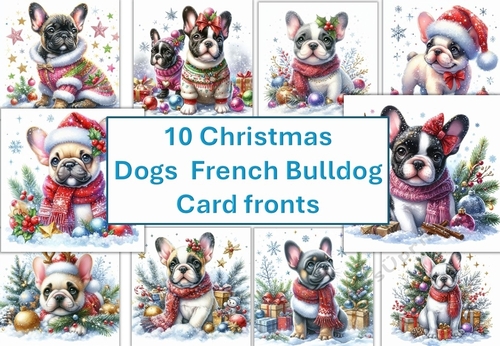 10 Christmas dogs French Bull Dog, cute dog, card fronts 8x8inches JPEGS