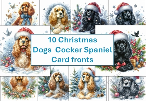10 Christmas dogs Cocker Spaniel, cute dog, card fronts 8x8inches JPEGS
