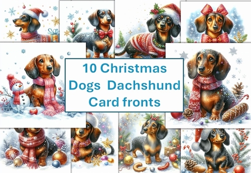 10 Christmas dogs Dachshund, cute dog, card fronts 8x8inches JPEGS