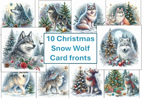 10 Christmas Snow Wolf, card fronts 8x8inches JPEGS
