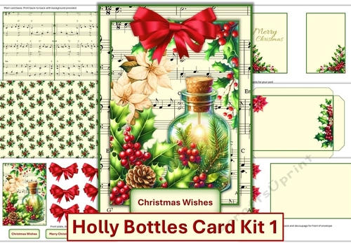 Holly Bottle Card Kit 1 with inserts, decoupage, sentiments and envelope. JPEG