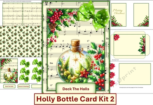 Holly Bottle Card Kit 2 with inserts, decoupage, sentiments and envelope. JPEG