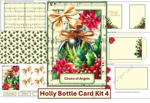 Holly Bottle Card Kit 4 with inserts, decoupage, sentiments and envelope. JPEG