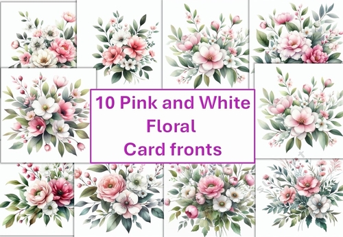 10 Pink and White Flowers Card Fronts 8x8inches Jpegs