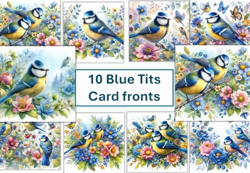 10 Blue Tits Bird Card Fronts 8x8inches JPEG