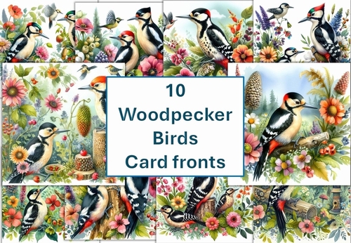 10 Woodpecker Bird Card Fronts 8x8inches JPEG