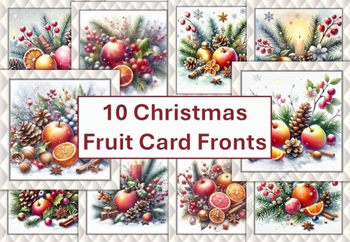 10 Christmas Fruits Card fronts. 8x8 inches JPEG