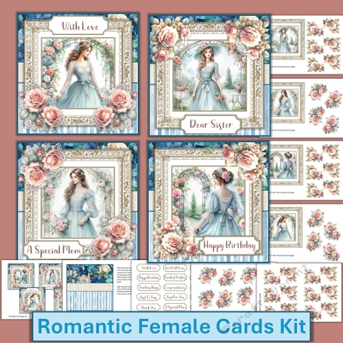 Shabby Chic Blue Ladies Card front with decoupage and tags 6x6 Pack of 4