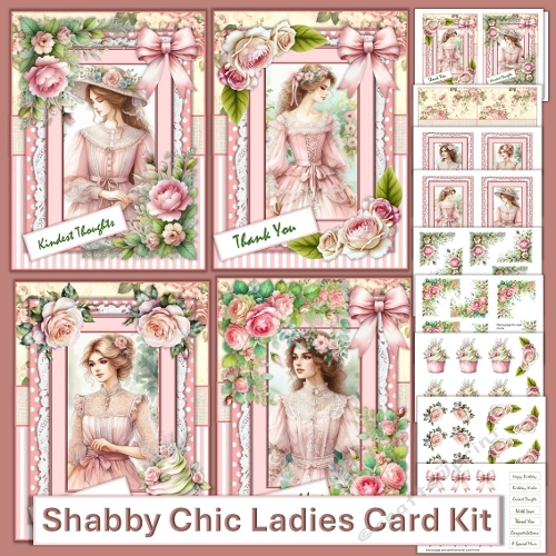Shabby Chic Vintage Ladies Card Kit. Pack of 4 JPEG and PDF