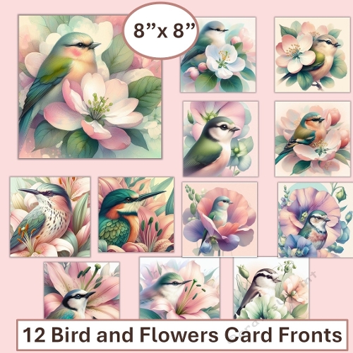 12 Birds and Flowers 8x8 inch Card front Toppers with secret freebie gift pack 