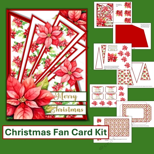 Christmas Poinsettia Fan Card Kit with decoupage, Inserts and envelope