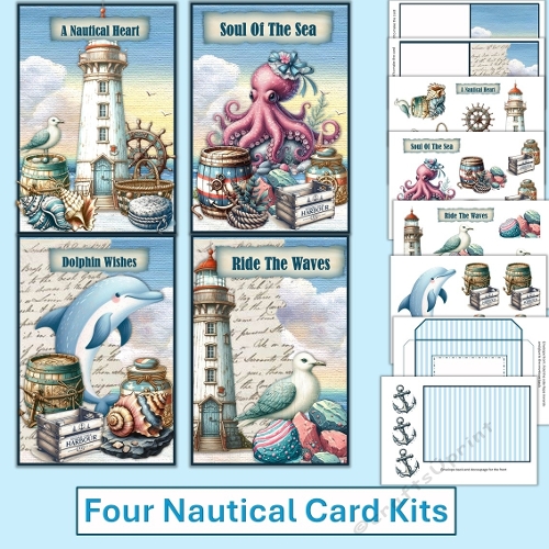 cup1376460_120789 - 4 Soul Of The Sea Nautical Cards Kit with Main card base, decoupage and envelope JPEG and PDF