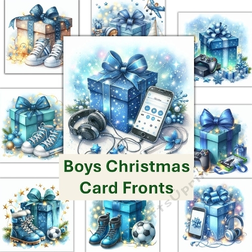10 Christmas Boys Presents Card Fronts 8x8inches. JPEG