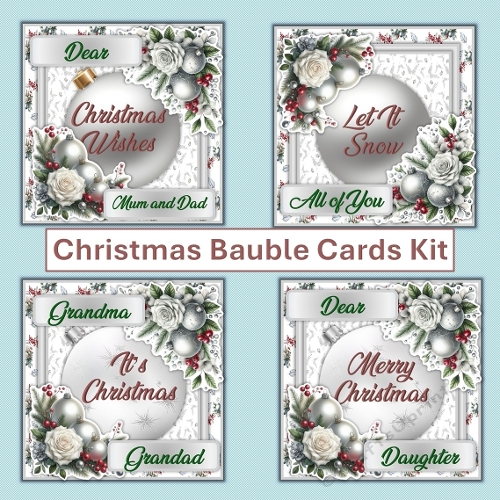 4 x Christmas Silver Baubles cards with main card base, decoupage and 4 toppers JPEG
