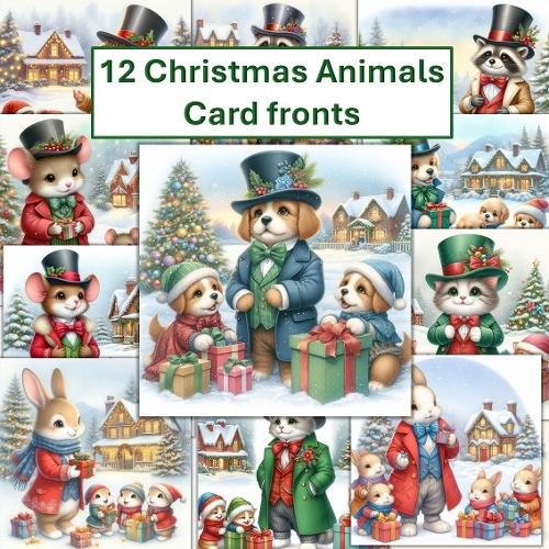 12 Christmas Animals Card Fronts 8x8 JPEG