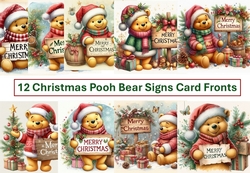 12 Christmas Pooh Bear Merry Christmas Signs Card Fronts 8 x 8 JPEG