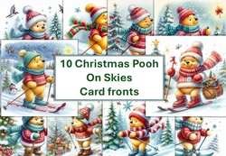 10 Christmas Pooh Bear on Ski Card Fronts 8x8 inches JPEG PK2