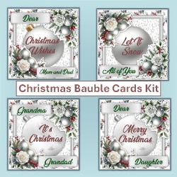 4 x Christmas Silver Baubles cards with main card base, decoupage and 4 toppers JPEG
