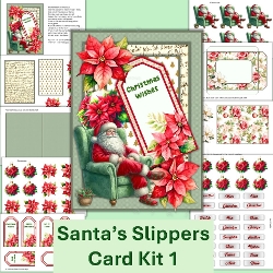 Santa in Slipper Card Kit 1 with main card base, decoupage, envelope JPEGS and PDF