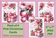 Pack of 4 Christmas Pinks Cards. 4 cards and 4 envelopes, 45 sentiments