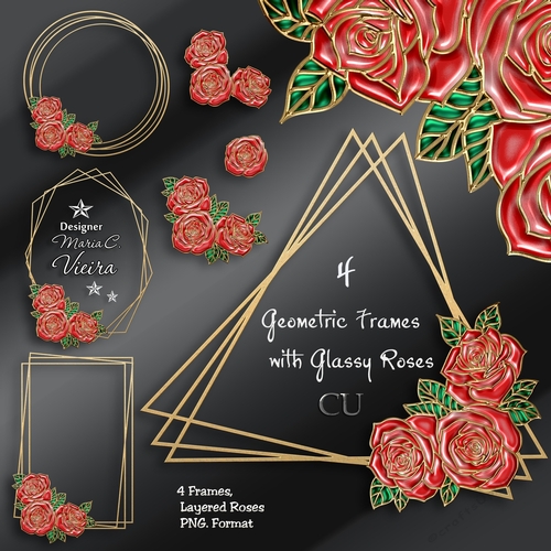 Four Geometric Frames with Glassy Roses Kit-4