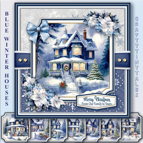 Blue Winter Houses Card Front Toppers Kit
