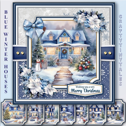 Blue Winter Houses Card Front Toppers Kit-2