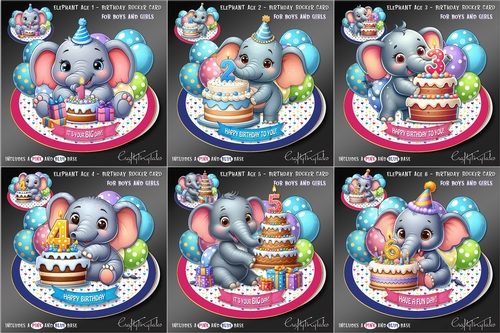 Birthday Ages 1-6 Elephant Rocker Card BUNDLE