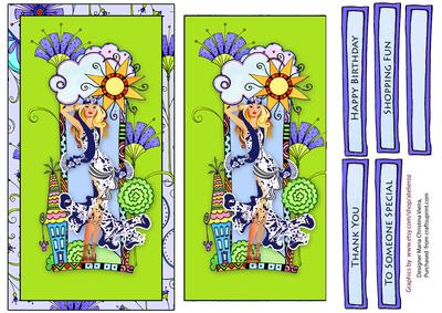 Shopping Girl Card Front Purple Lime