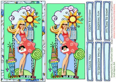 Shopping Girl Card Front Aqua Green