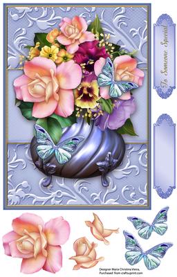 Pot of Flowers Blue with Butterflies