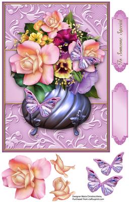 Pot of Flowers Pink with Butterflies