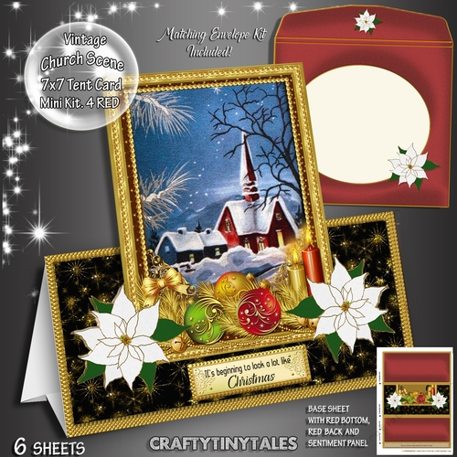 Vintage Christmas Church Tent Card Mini kit.4